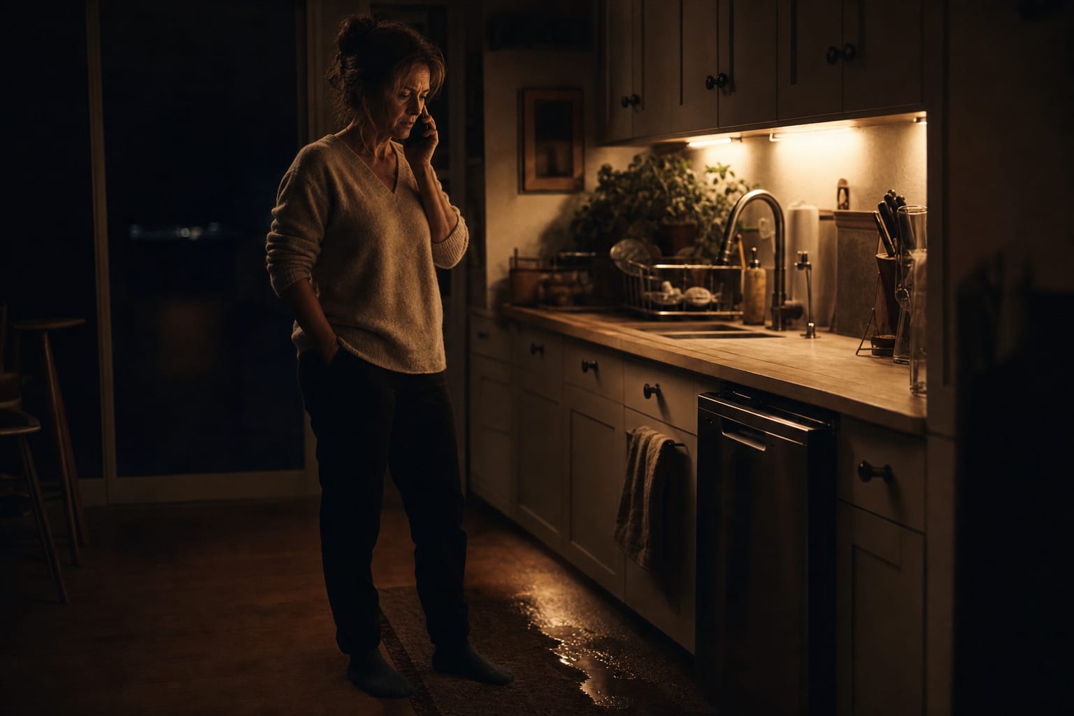 A customer calling from her kitchen at night