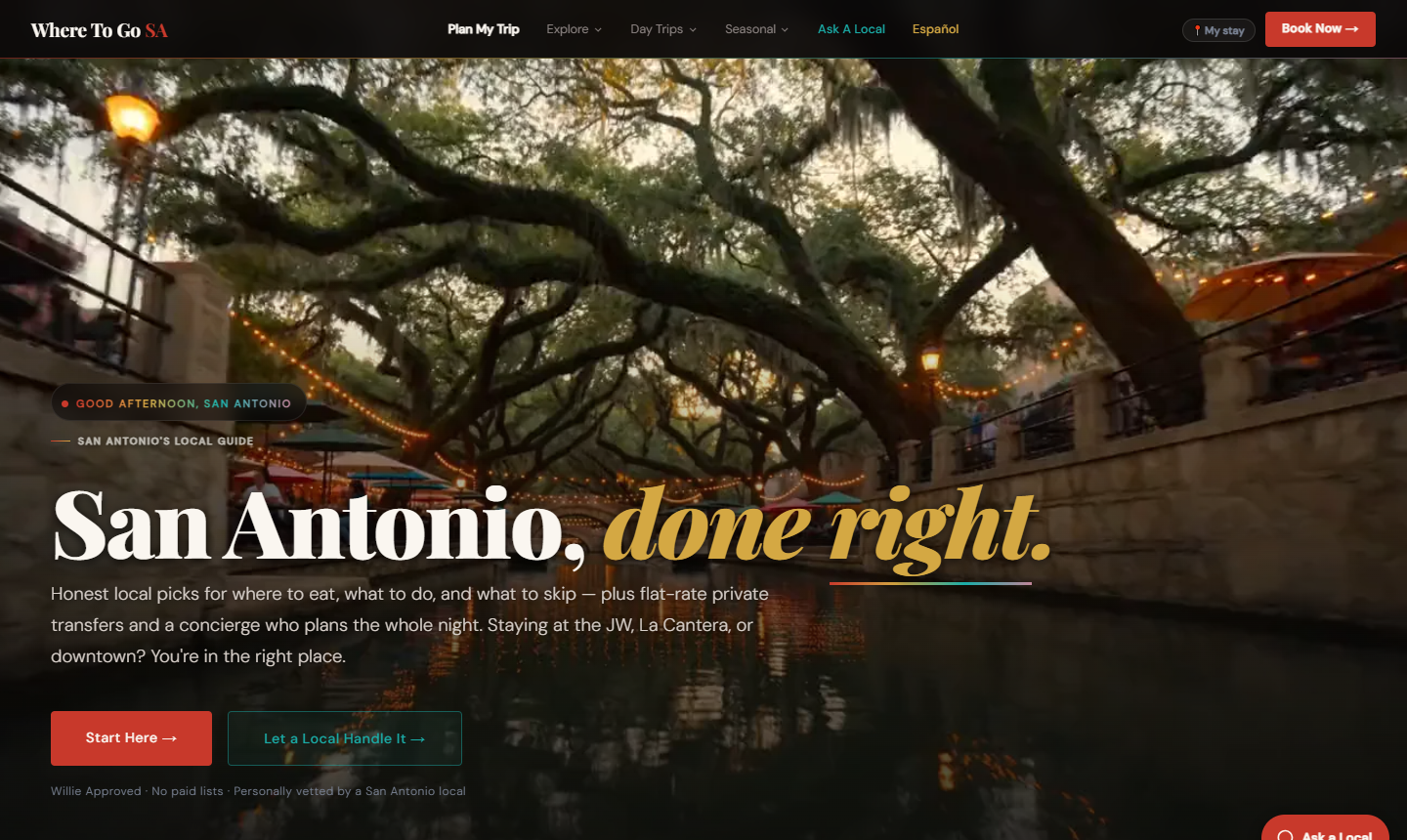 Live screenshot of wheretogosa.com — San Antonio visitor guide